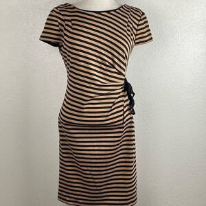Pre-Loved Spense Womens Black and Brown/Tan Stripped Midi Dress Size 4